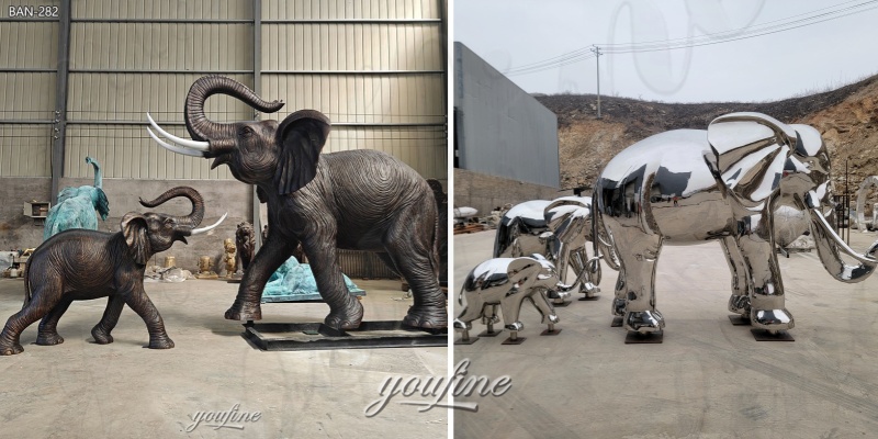 Bronze Elephant Garden Sculpture and Stainless Steel Elephant Family