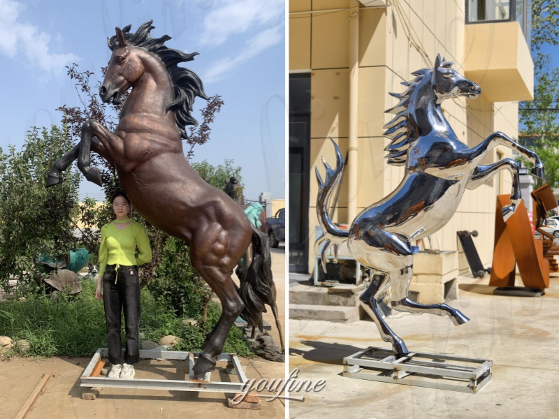 Bronze Rearing Horse Statue and Stainless Steel Horse