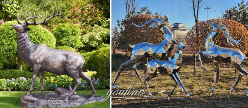 Bronze Red Deer Statue and Geometric Deer Sculpture