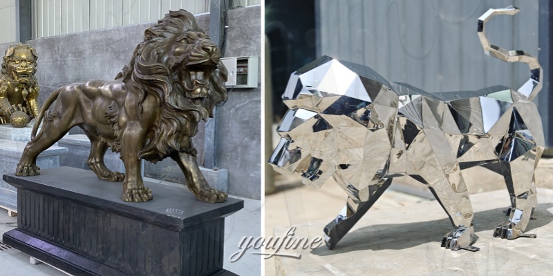 Bronze Roaring Lion Sculpture and Geometric Lion Sculpture