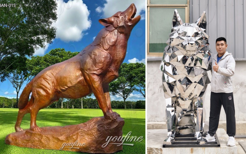 Bronze Wolf Howling Statue and Geometric Wolf Sculpture