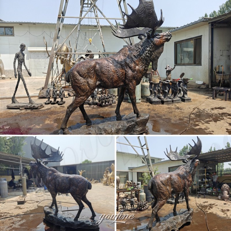 large outdoor moose statue after patina