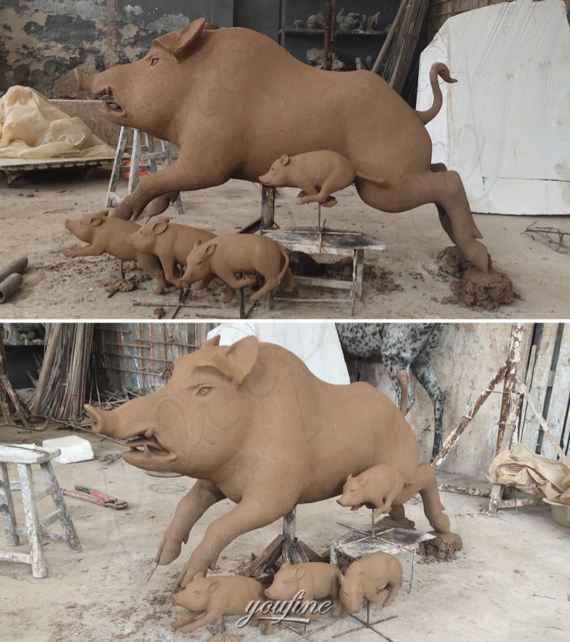wild boar family statue clay model