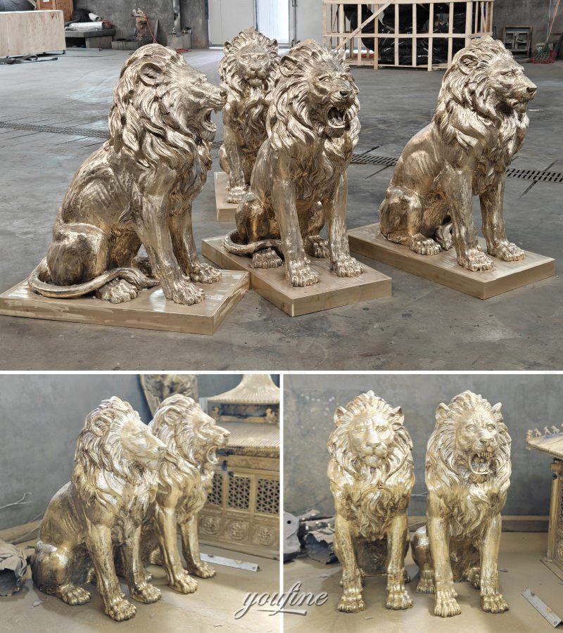 bronze outdoor lion statue after welding and polishing