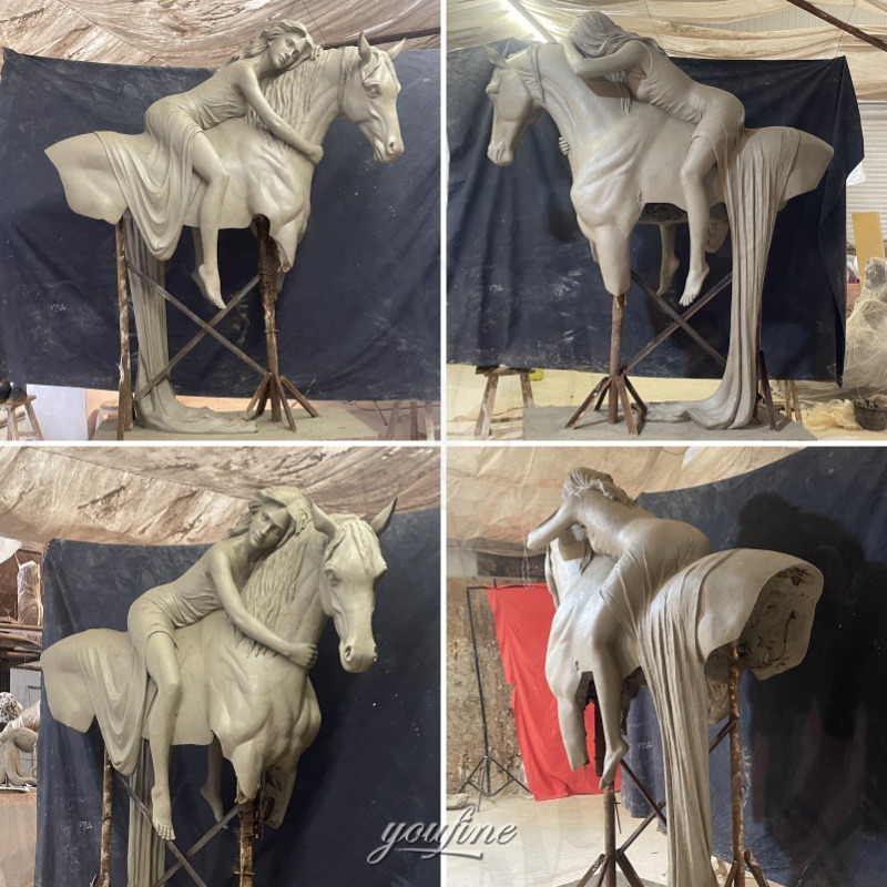 bronze girl and horse statue clay model