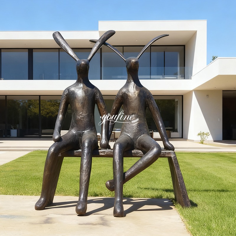 Brass Hare Statue Sitting on Bench