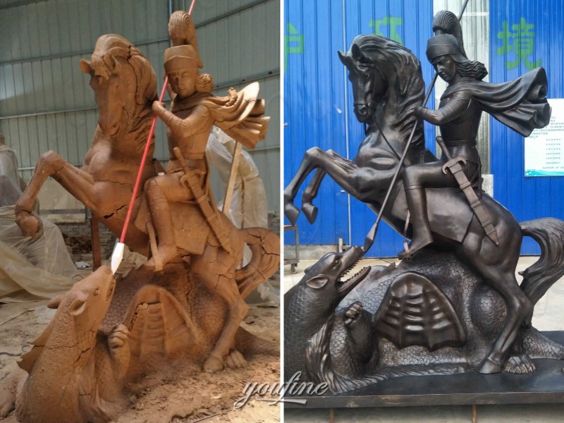 Clay Model & Finished St George slaying the dragon statue