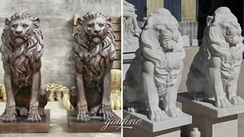 Bronze Sitting Lion Statue & Marble Sitting Lion Statue