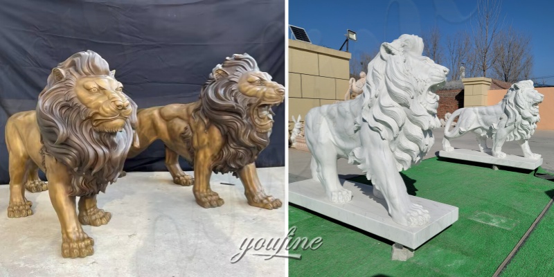 Bronze Standing Lion Statue & Marble Standing Lion Roaring Statue
