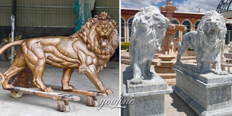 Bronze Walking Lion Statue & Marble Large Garden Walking Lion Statue