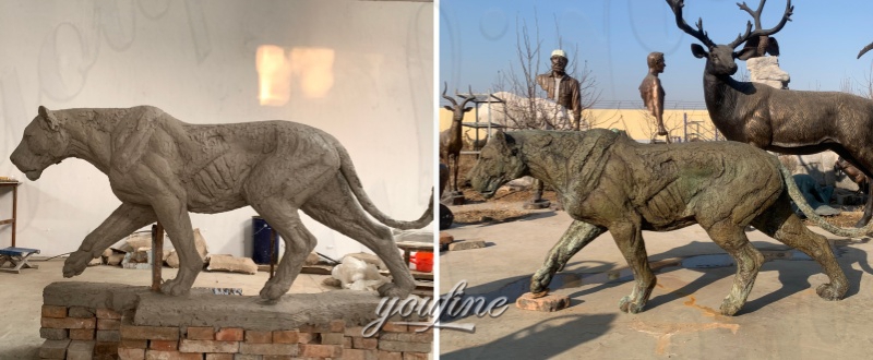lioness clay model and finished statue