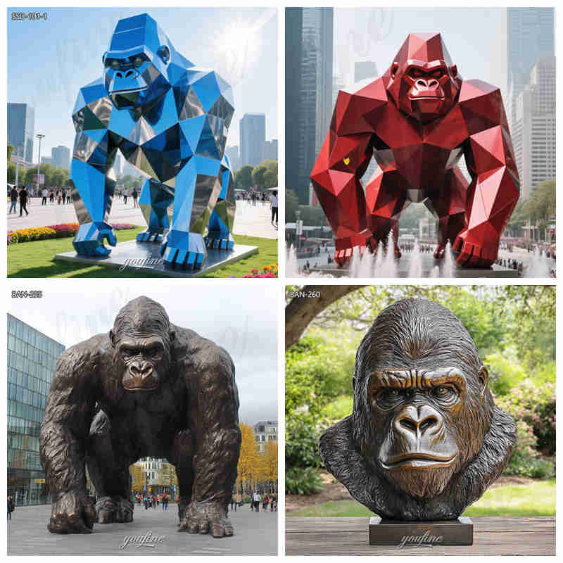 stainless steel gorilla and bronze gorilla sculpture