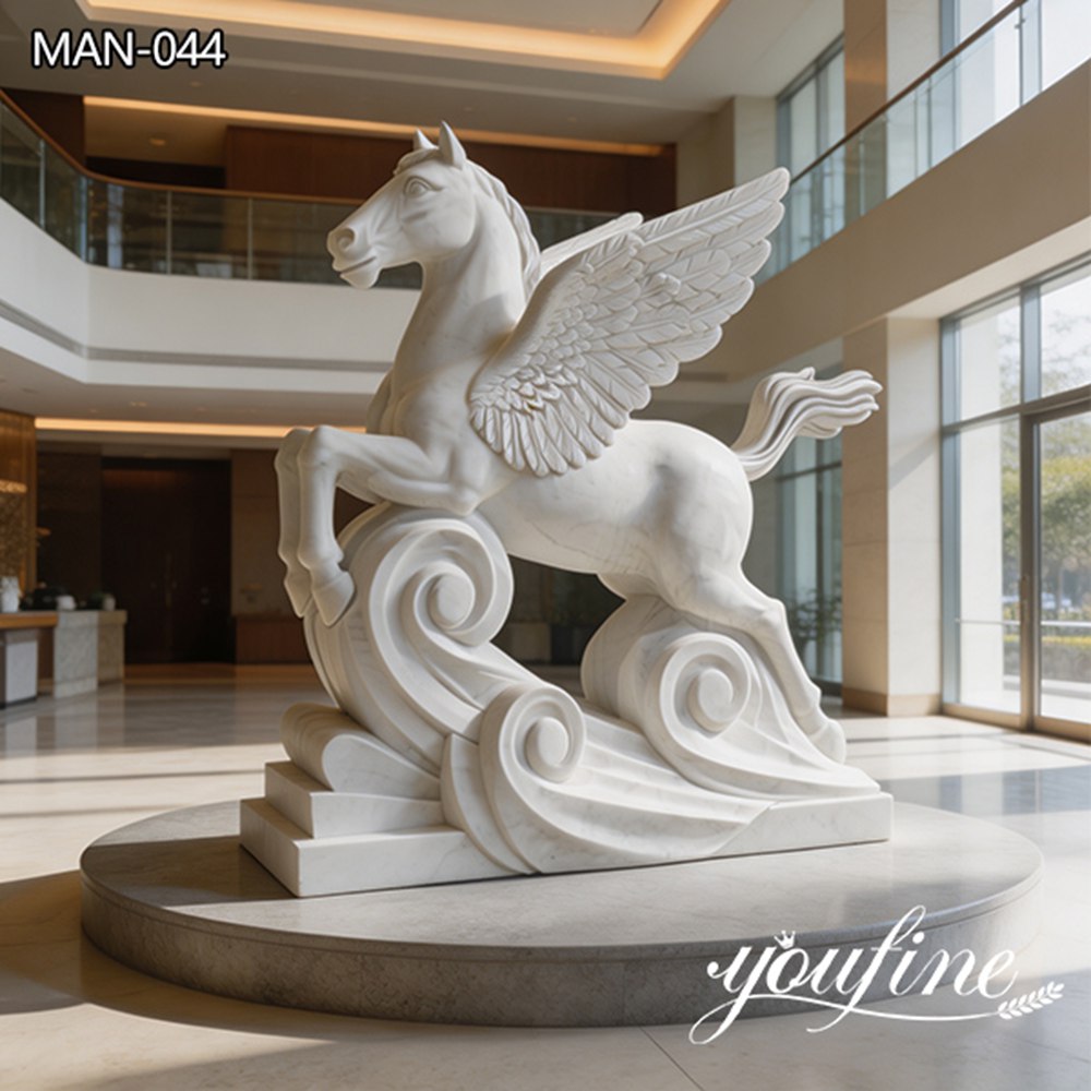 classical white marble flying horse sculpture