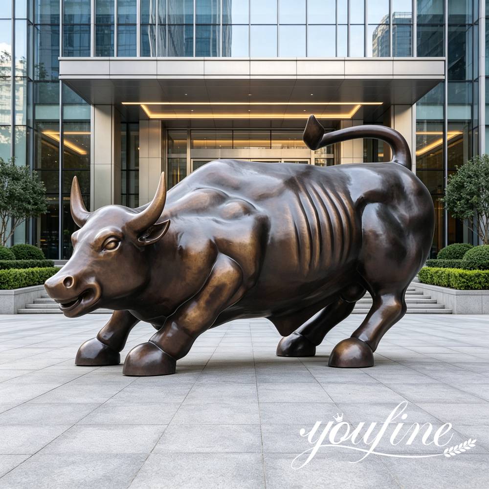 bronze bull statue building enrance
