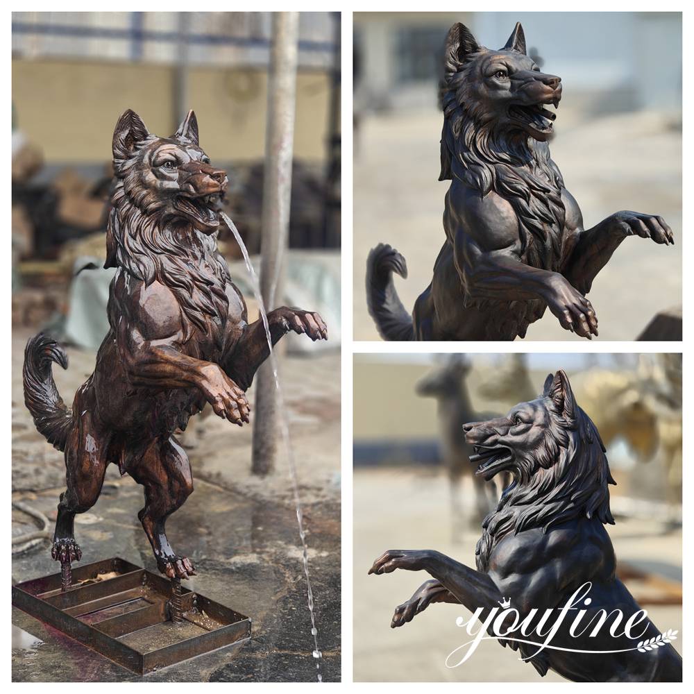 bronze dog fountain statue details