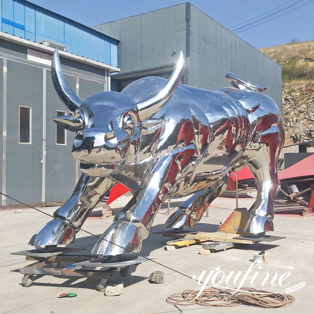 large stainless steel bull sculpture