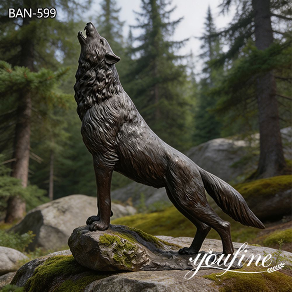 outdoor howling wolf on rock bronze sculpture