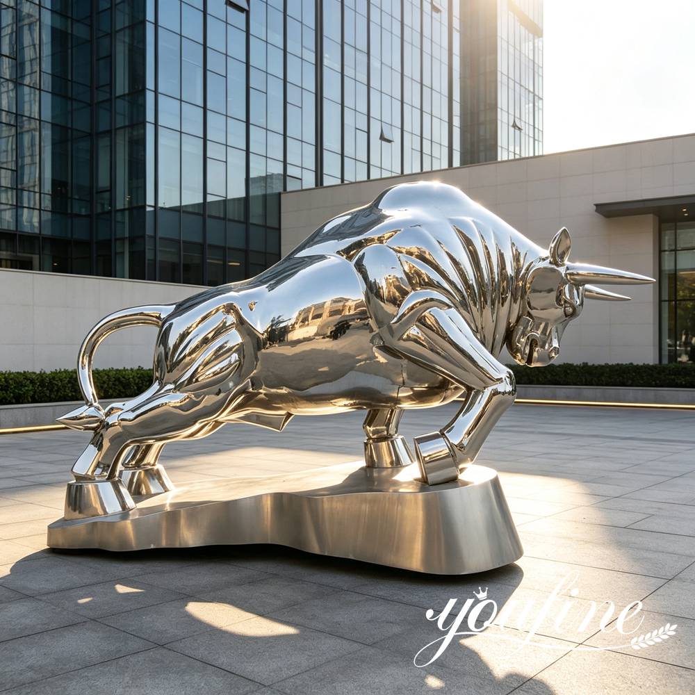 stainless steel bull sculpture modern building