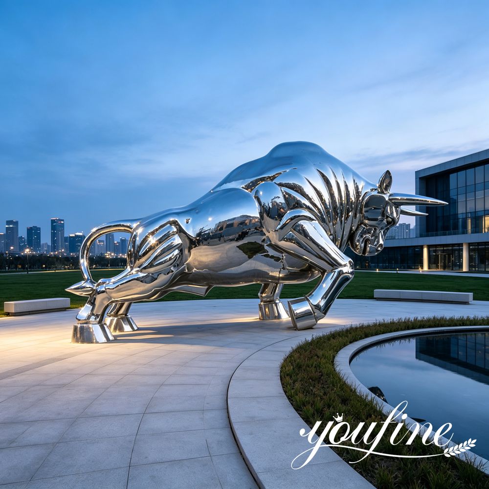 stainless steel bull sculpture outdoor plaza