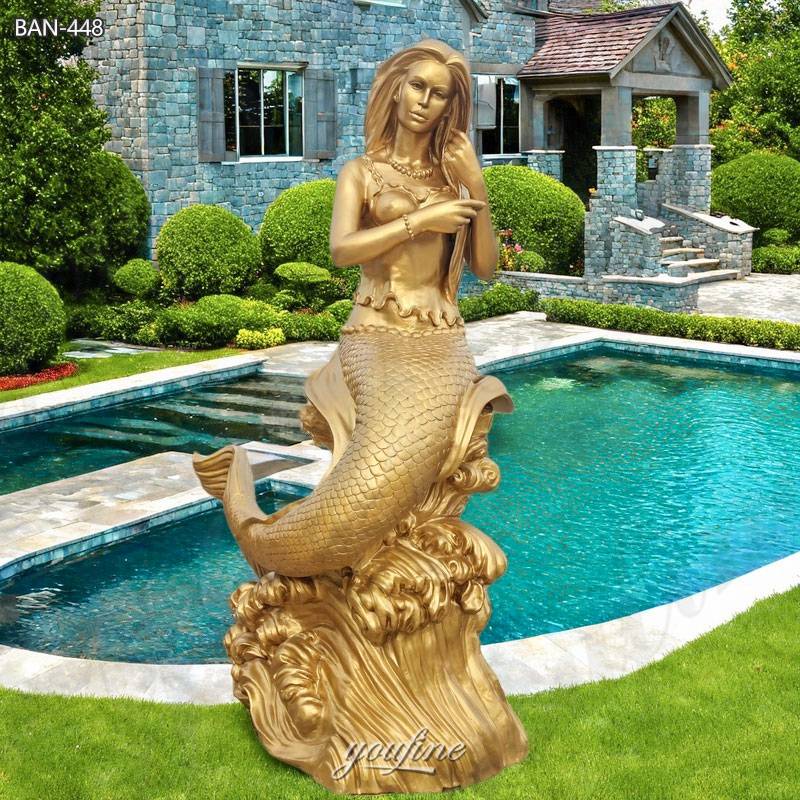 Bronze Gold Mermaid Statue Combing Hair