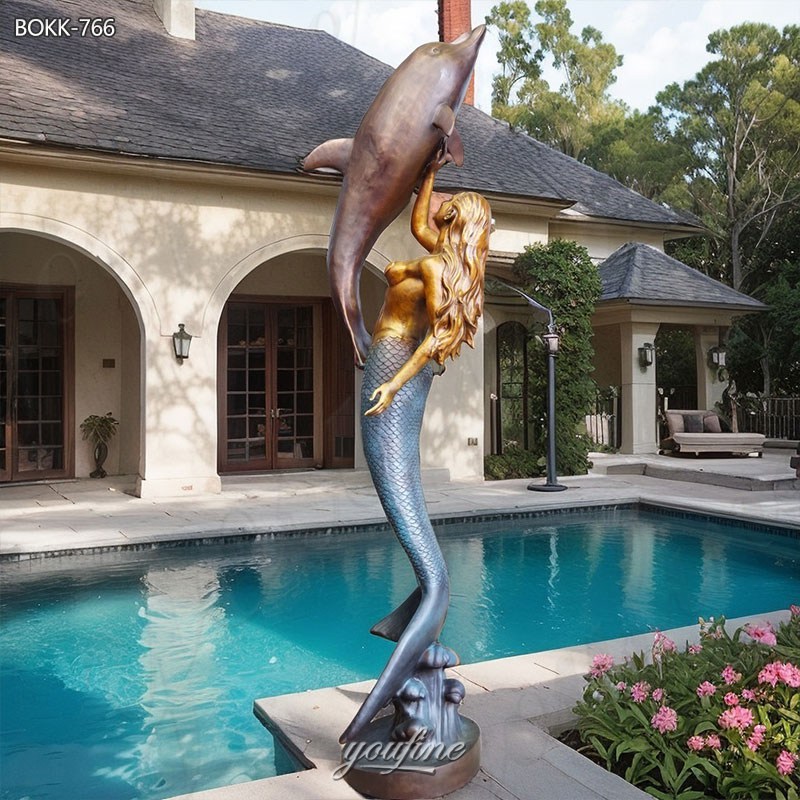 Bronze Large Mermaid Garden Statue with Dolphin