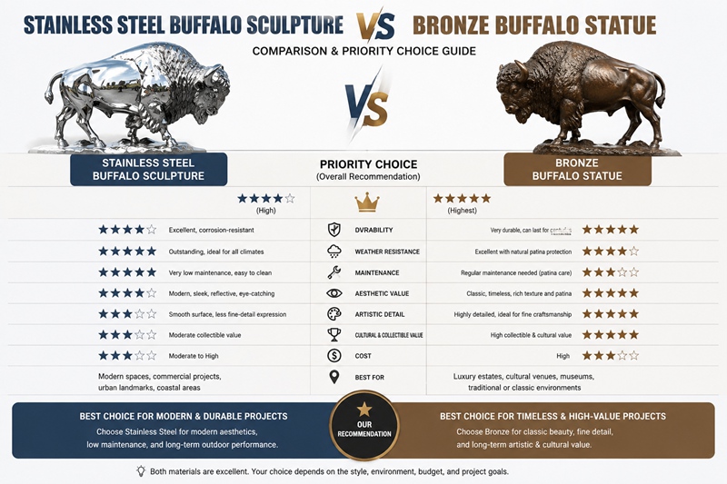stainless steel buffalo sculpture vs. bronze buffalo statue