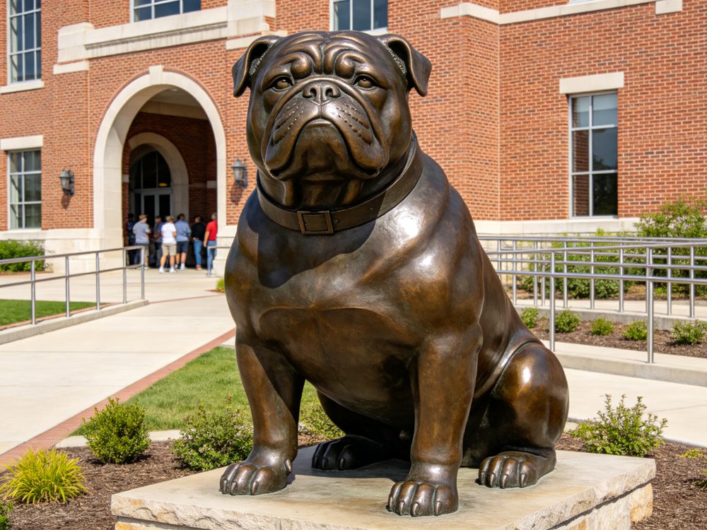 Bulldog Mascot Statue Guarding the Campus Entrance
