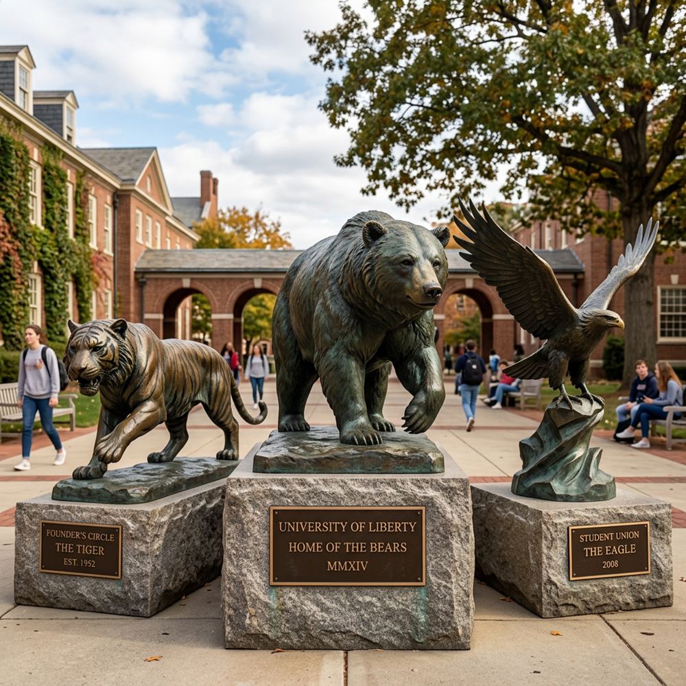 University of Liberty Mascot Statues Home of the Bears, Tigers, and Eagles